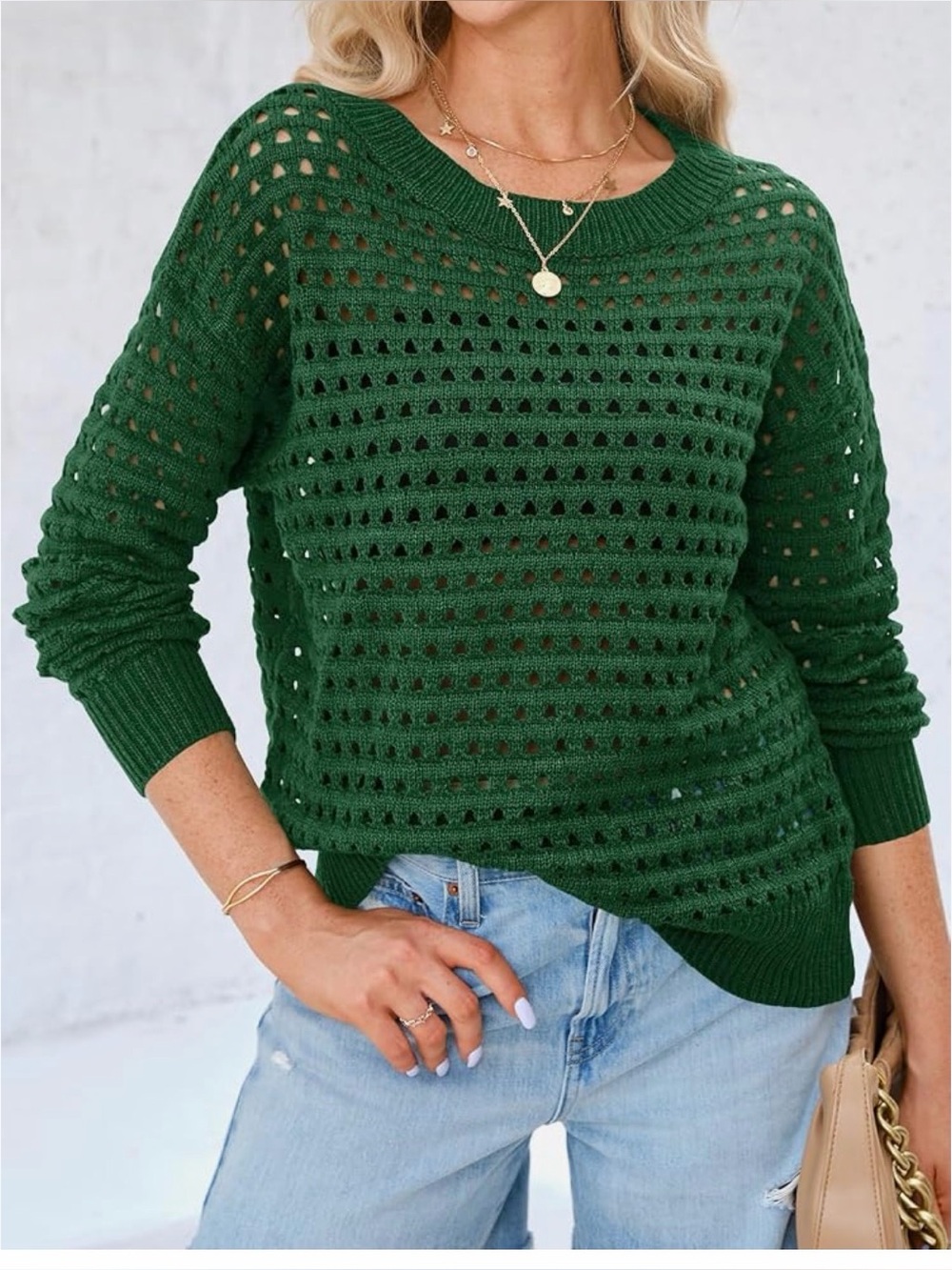 Amazon Open-Knit Dark Green Scoop Neck Sweater